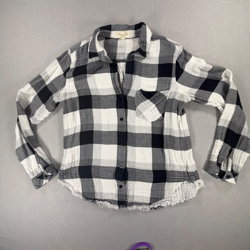 Cloth & Stone Womens Medium Black White Plaid Button Down Shirt Raw Hem Cotton